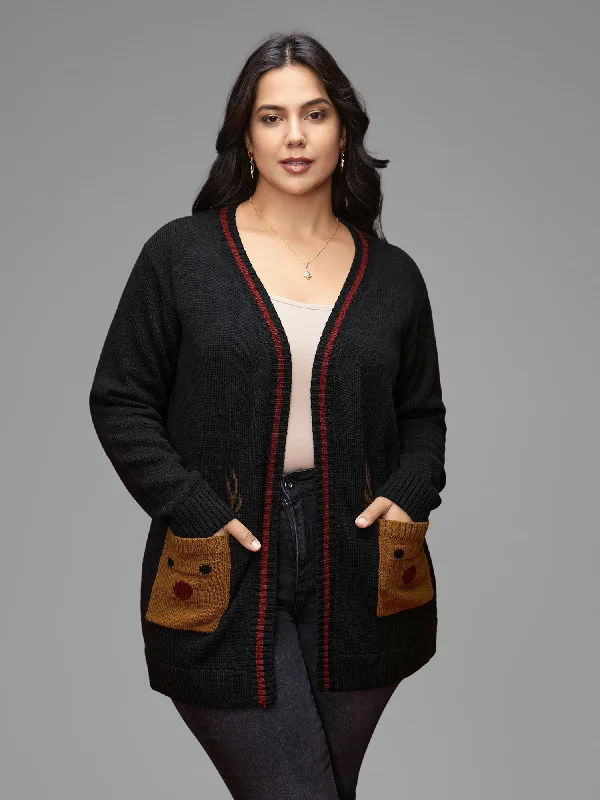 Stylish Women's Outfit Hot Styles Reindeer Pockets Contrast Placket Open Cardigan