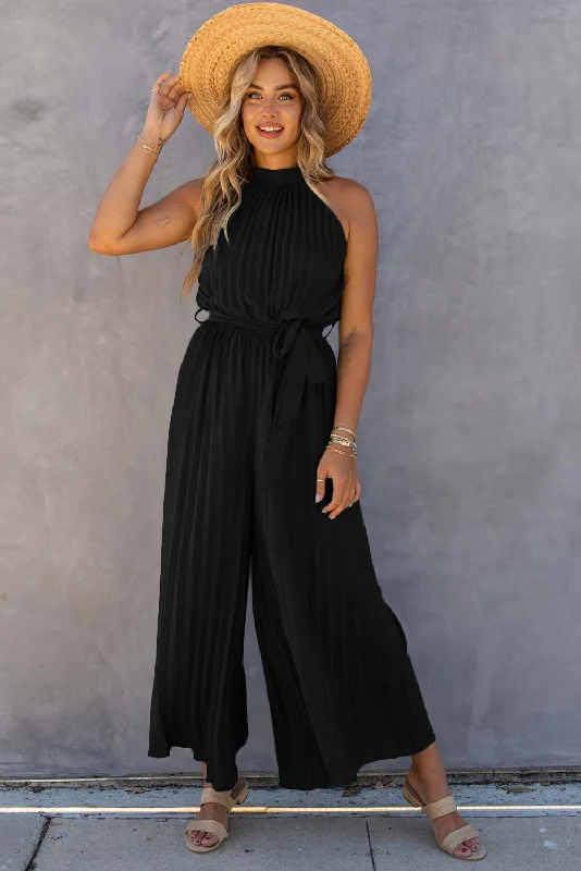 Women's Functional Outdoor Garments Vintage Charm Halter Neck Pleated Wide Leg Jumpsuit with Belt Women's Functional Outdoor Garments Vintage Charm Halter Neck Pleated Wide Leg Jumpsuit with Belt