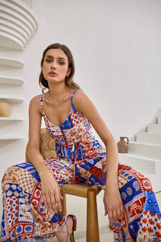 Women's Elegant Evening Outfit Seasonal Style Discounts Cordelia Blue Abstract Patchwork Jumpsuit