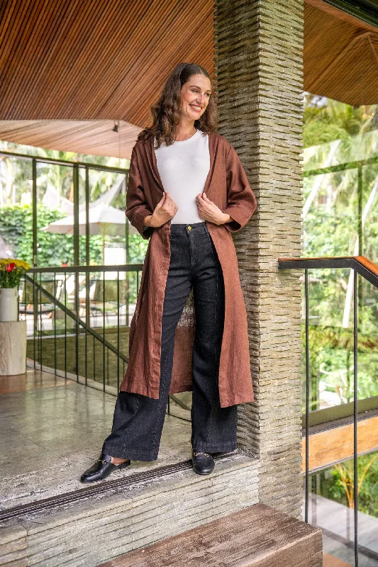 Stylish Women's Outerwear Apparel Mega Sale Long Line Linen Duster Jacket in Raisin
