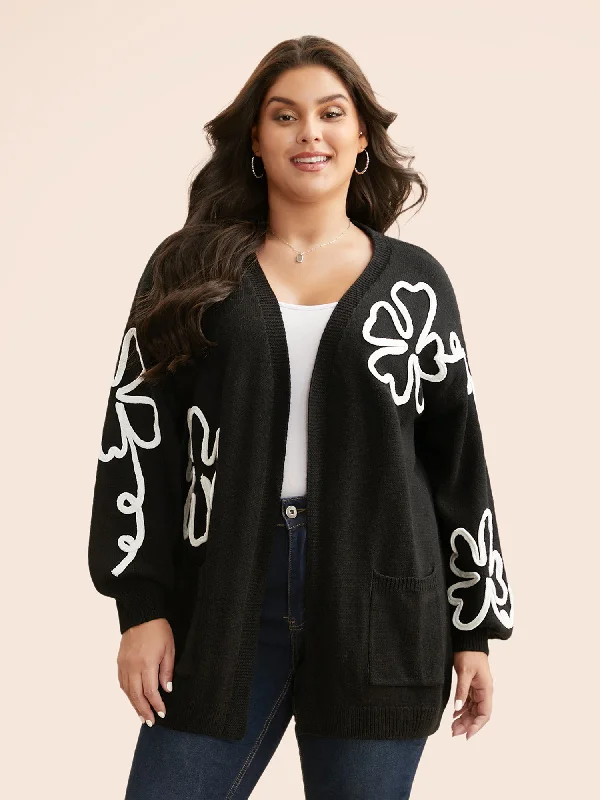 Women's Evening Outfit Stylish Looks Crochet Floral Kimono Collar Pocket Cardigan