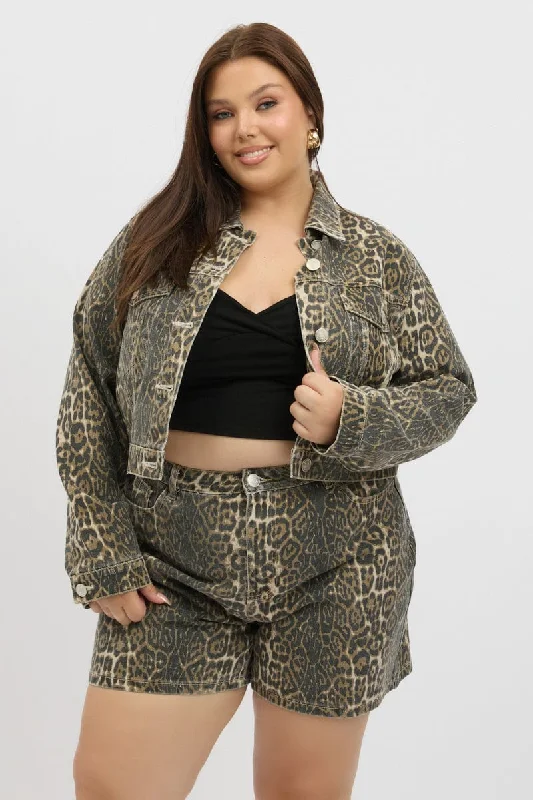 Luxury Women's Clothes Timeless Elegant Brown Animal Print Relaxed Short High Rise