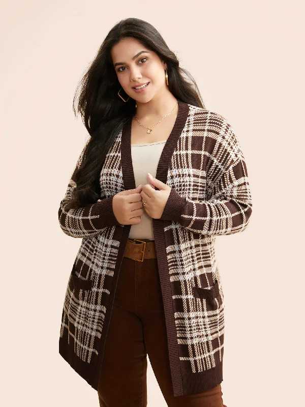 Women's Outfit For The Office Summer Fashion Plaid Open Front Patch Pocket Cardigan