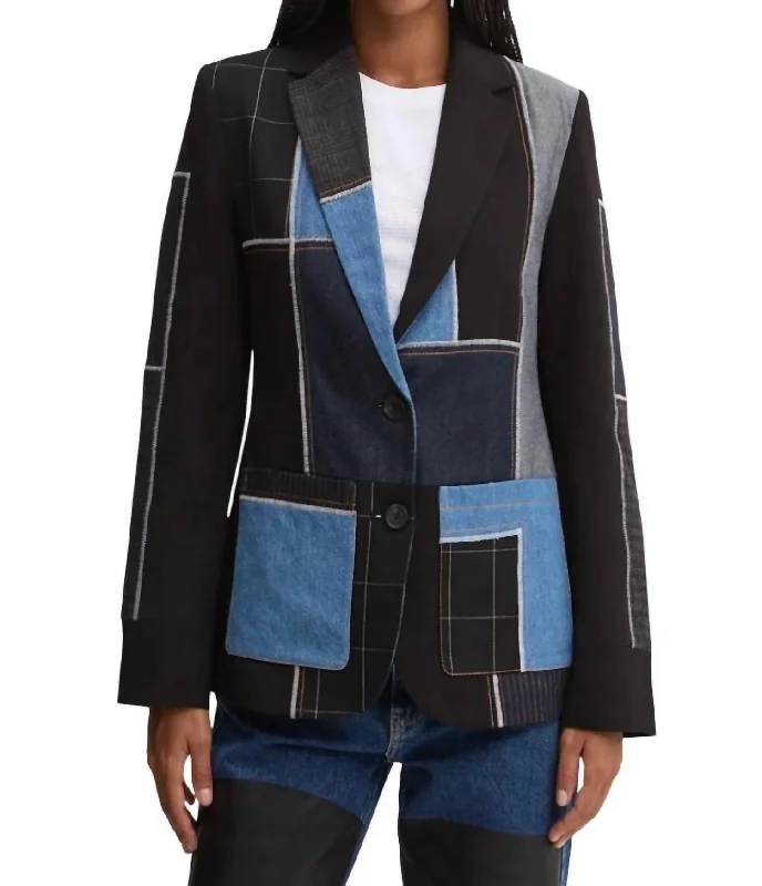 Women's Clothes And Garments Romantic Flair Color Block Suit Jacket In Black/denim Women's Clothes And Garments Romantic Flair Color Block Suit Jacket In Black/denim