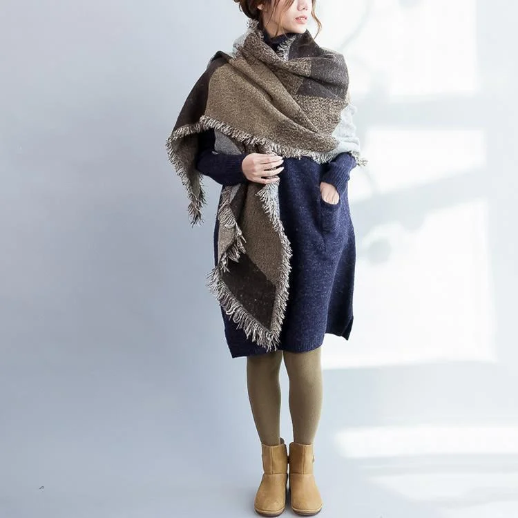 Women's Fashion-Forward Apparel Inspired By You, Designed For You New warm thick dark blue cotton woolen knitted dresses loose high neck sweater dress side open Women's Fashion-Forward Apparel Inspired By You, Designed For You New warm thick dark blue cotton woolen knitted dresses loose high neck sweater dress side open