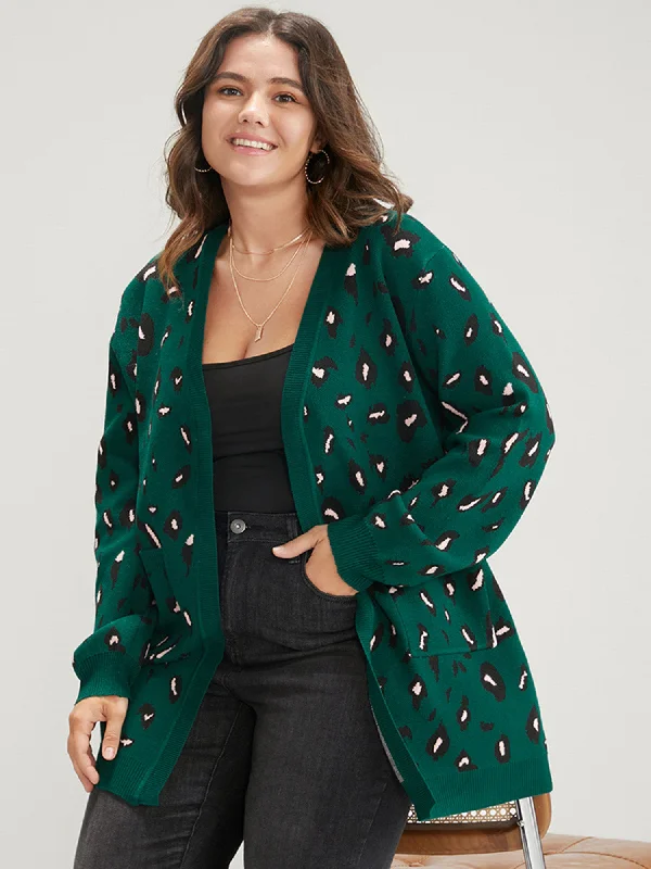 Women's Urban Clothing Pastel Styles Leopard Super Soft Knit Pocket Jacquard Open Front Cardigan Women's Urban Clothing Pastel Styles Leopard Super Soft Knit Pocket Jacquard Open Front Cardigan