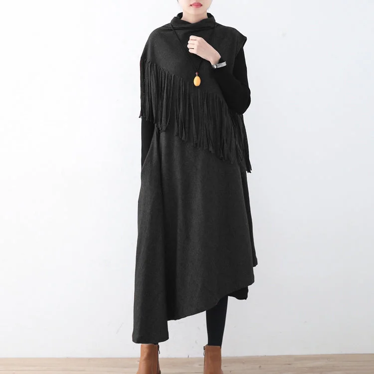 Women's Comfortable Apparel Limited Time Offers New black wool dress casual tassel winter dress Elegant asymmetric hem winter dress Women's Comfortable Apparel Limited Time Offers New black wool dress casual tassel winter dress Elegant asymmetric hem winter dress