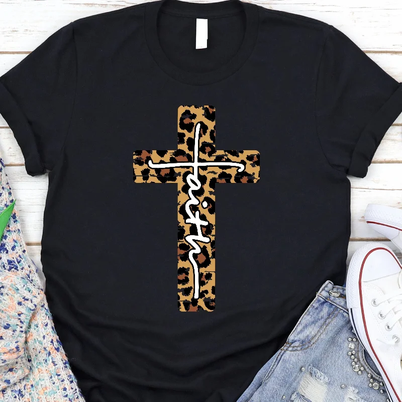Affordable Luxury Women's Garments Limited Time Offer Leopard Faith Cross Tee