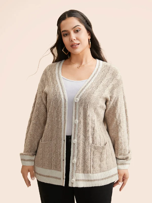 Women's Layered Outfit Exclusive Sale Contrast Trim Cable Knit Pocket Cardigan