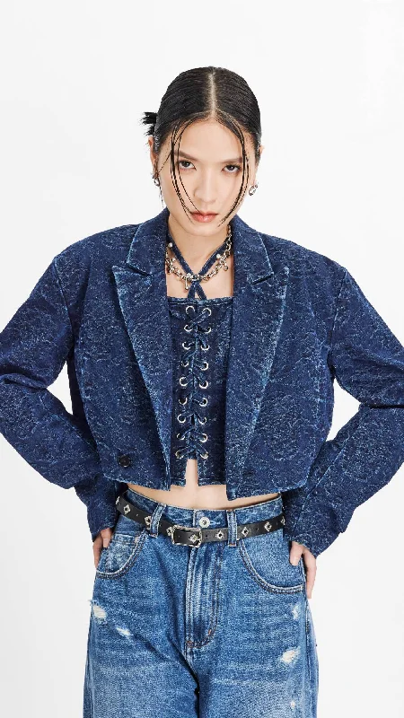 Women's Sports Apparel Contemporary Elegance Cropped Jacquard Denim Blazer
