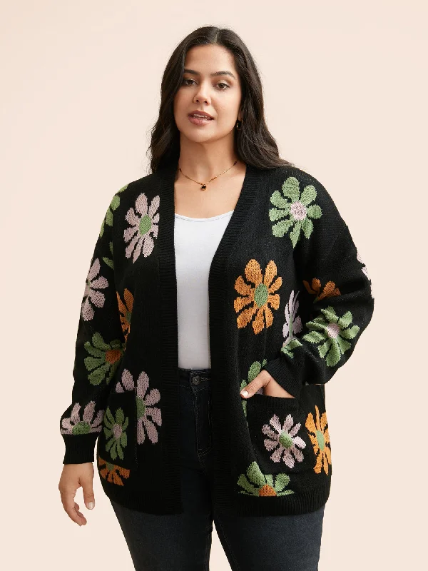 Affordable Women's Clothing Coastal Beach - Inspired Style Contrast Floral Patch Pocket Cardigan Affordable Women's Clothing Coastal Beach - Inspired Style Contrast Floral Patch Pocket Cardigan