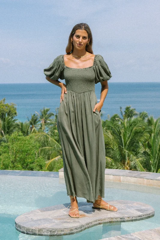 Chic Women's Attire Best Deals Of The Season Giselle Khaki Green Puff Sleeve Jumpsuit Chic Women's Attire Best Deals Of The Season Giselle Khaki Green Puff Sleeve Jumpsuit