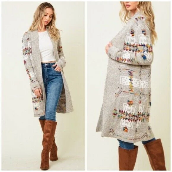 Chic Clothes For Women Fast Fashion Favorites Oatmeal Rainbow Multi Colored Aztec Tribal Jacquard Open Knit Cardigan Sweater Chic Clothes For Women Fast Fashion Favorites Oatmeal Rainbow Multi Colored Aztec Tribal Jacquard Open Knit Cardigan Sweater