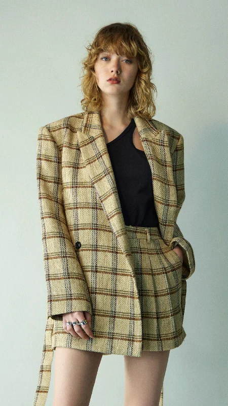 Women's Travel Apparel Vintage Retro Party Wear Oversize Checked Blazer