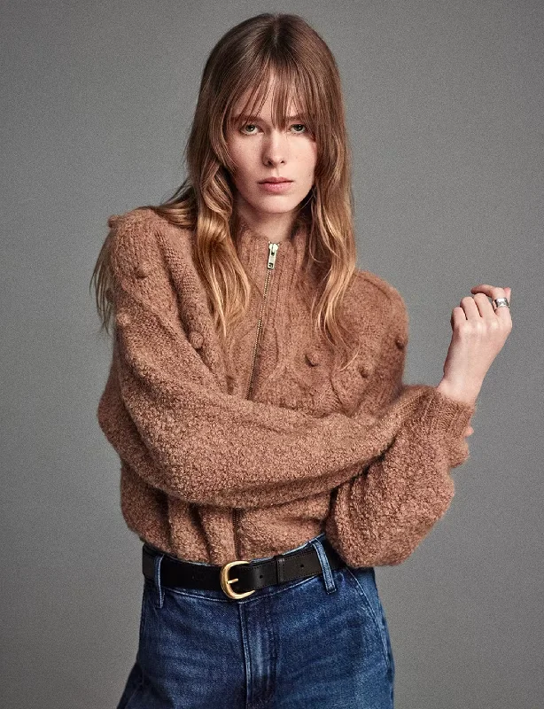 Fashionable Women's Casual Apparel Casual Elegance Popcorn Zip Cardi, Mink