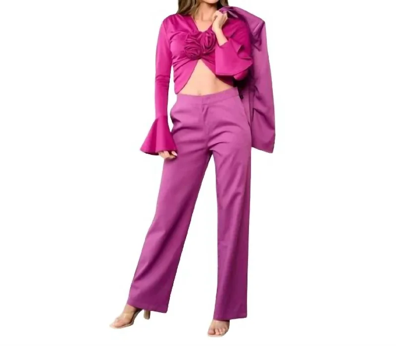 Women's Stylish Vacation Attire Sophisticated Fashion Top, Blazer And Pants 3 Piece Suit Set In Fuschia Women's Stylish Vacation Attire Sophisticated Fashion Top, Blazer And Pants 3 Piece Suit Set In Fuschia