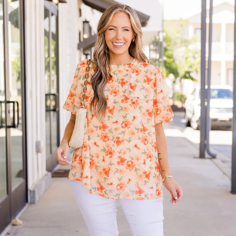 Women's Casual Apparel For Weekends Trendy Threads Peach Sunsets Top, Orange