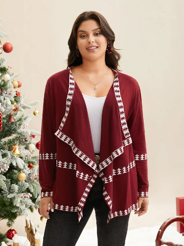 Chic Women's Outfit Elevate Your Wardrobe Holiday Pattern Hem Lapel Collar Knit Cardigan