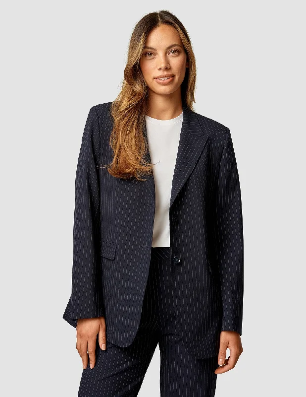 Women's Chic Outerwear Garments Minimalist Chic Essential Blazer Navy Pinstripe