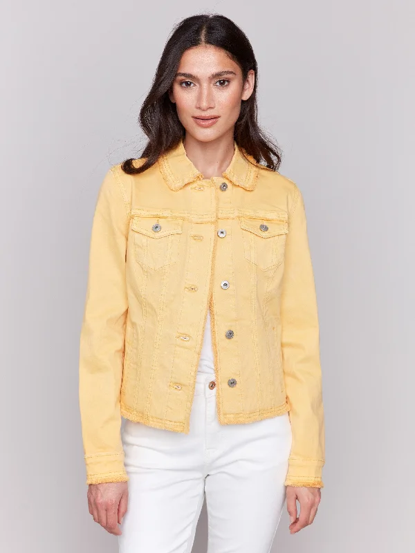 Women's Athletic Apparel Trendsetting Threads Twill Jean Jacket With Frayed Edges - Lemonade Women's Athletic Apparel Trendsetting Threads Twill Jean Jacket With Frayed Edges - Lemonade