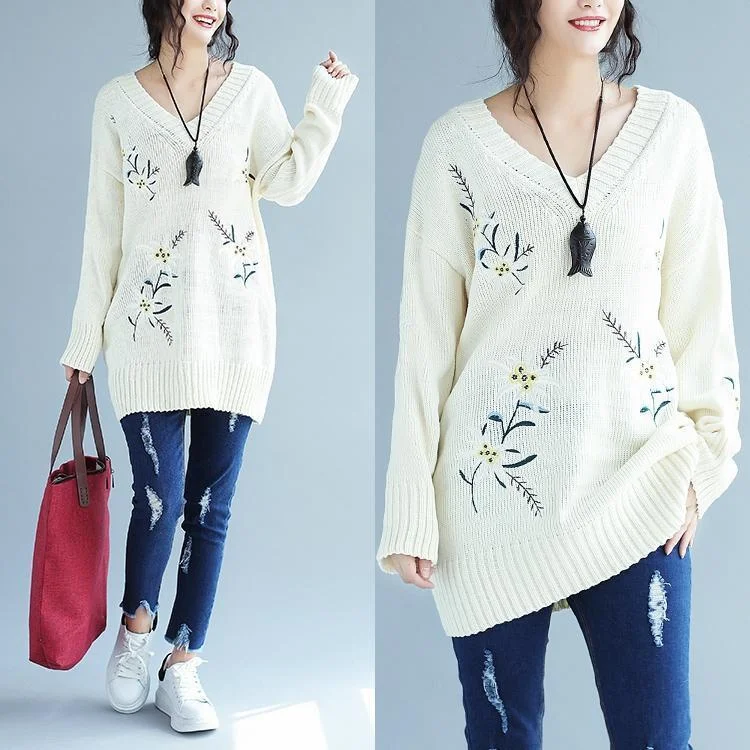 Women's Travel Apparel Seize Bargains 2024 white embroidery casual knit dresses plus size women v neck sweater dress Women's Travel Apparel Seize Bargains 2024 white embroidery casual knit dresses plus size women v neck sweater dress