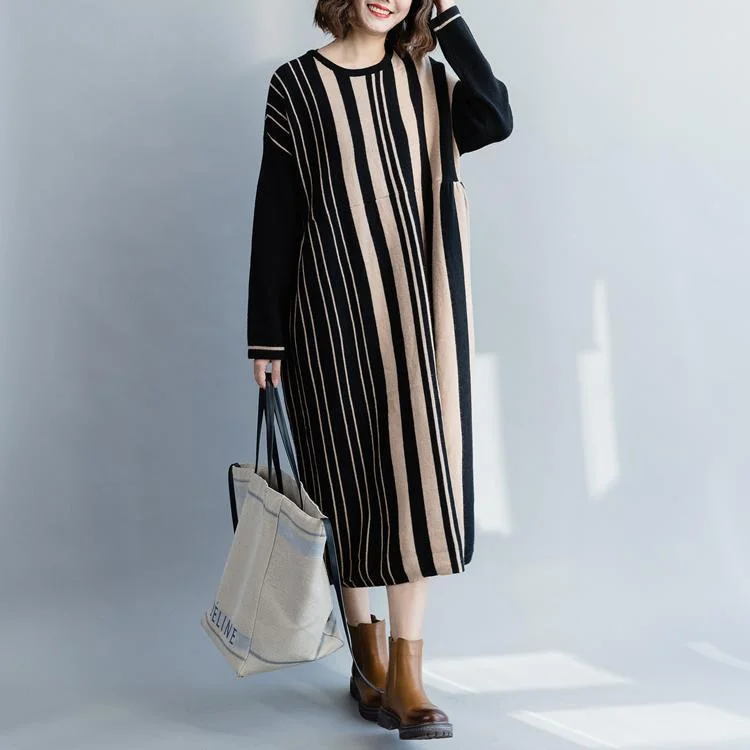 Women's Vintage Garments Spring Fashion Pullover black striped Sweater dress outfit Street Style oversized o neck knit dress Women's Vintage Garments Spring Fashion Pullover black striped Sweater dress outfit Street Style oversized o neck knit dress
