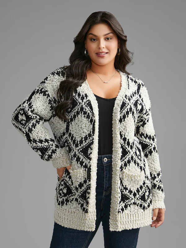 Comfortable Women's Clothes Vintage Elegance Bandana Jacquard Patched Pocket Drop Shoulder Cardigan Comfortable Women's Clothes Vintage Elegance Bandana Jacquard Patched Pocket Drop Shoulder Cardigan