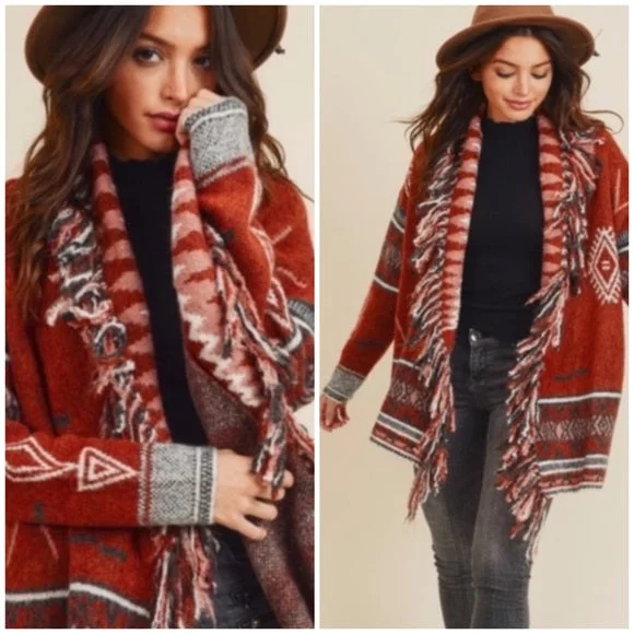 Affordable Women's Clothes Sustainable Fashion Extravaganza Cowichan Boho Aztec Native Fringe Print Soft Knit Cardigan Sweater Womens Affordable Women's Clothes Sustainable Fashion Extravaganza Cowichan Boho Aztec Native Fringe Print Soft Knit Cardigan Sweater Womens