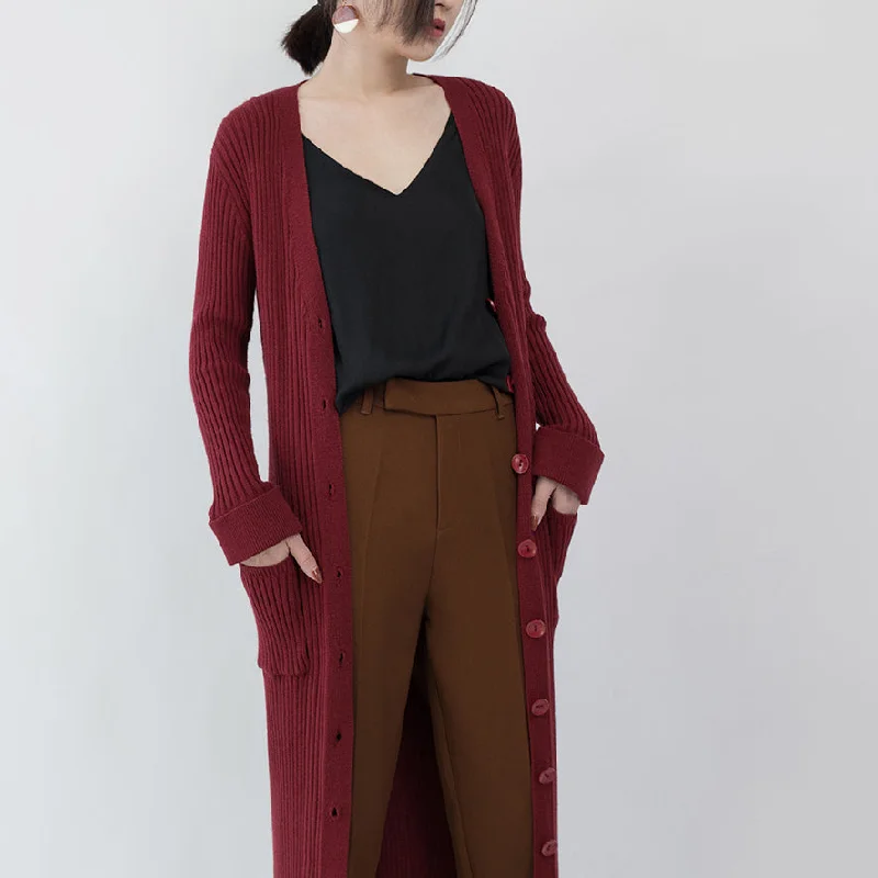 Women's Evening Apparel Fashion Sale Fashion burgundy maxi coat Loose fitting V neck long coat Fine pockets coats Women's Evening Apparel Fashion Sale Fashion burgundy maxi coat Loose fitting V neck long coat Fine pockets coats