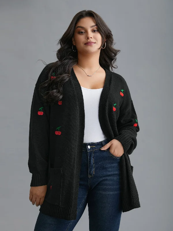 Women's Tops And Clothing Wardrobe Essentials Textured Cherry Embroidery Pocket Pullover Women's Tops And Clothing Wardrobe Essentials Textured Cherry Embroidery Pocket Pullover