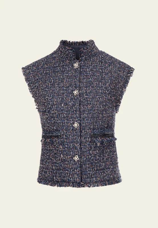 Women's Athletic Outfit High End Designer Brands Discount Mixed Tweed Frayed-detail Stand Collar Gilet Women's Athletic Outfit High End Designer Brands Discount Mixed Tweed Frayed-detail Stand Collar Gilet