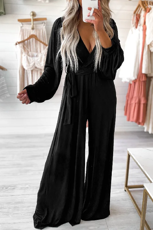 Women's Stylish Professional Garments Feminine Allure Cutout Back Belted V Neck Wide Leg Jumpsuit