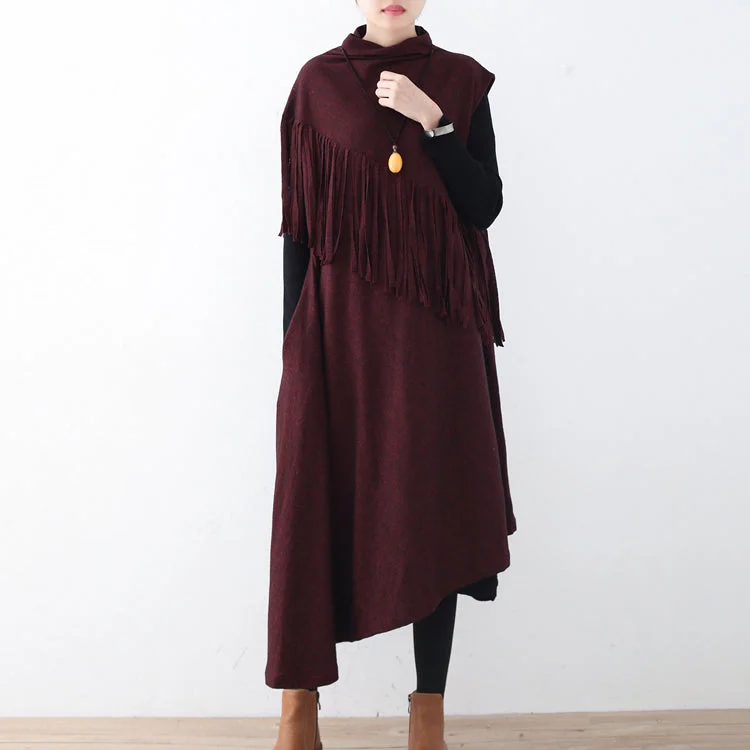 Women's Wardrobe Apparel Budget Friendly Fine burgundy long woolen trendy plus size tassel fall dresses Elegant asymmetric hem winter dress Women's Wardrobe Apparel Budget Friendly Fine burgundy long woolen trendy plus size tassel fall dresses Elegant asymmetric hem winter dress