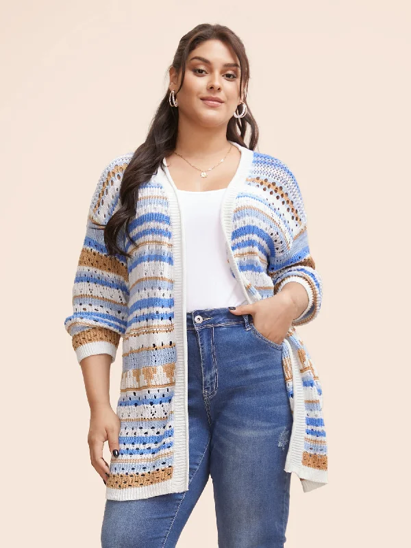 Women's Romantic Outfit Flash Sale Cotton Contrast Striped Cut Out Cardigan