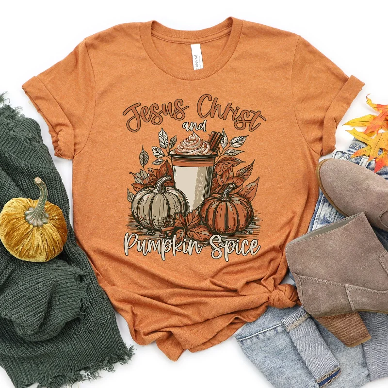 Women's High-Fashion Attire Essentials On Sale Jesus Christ and Pumpkin Spice Tee
