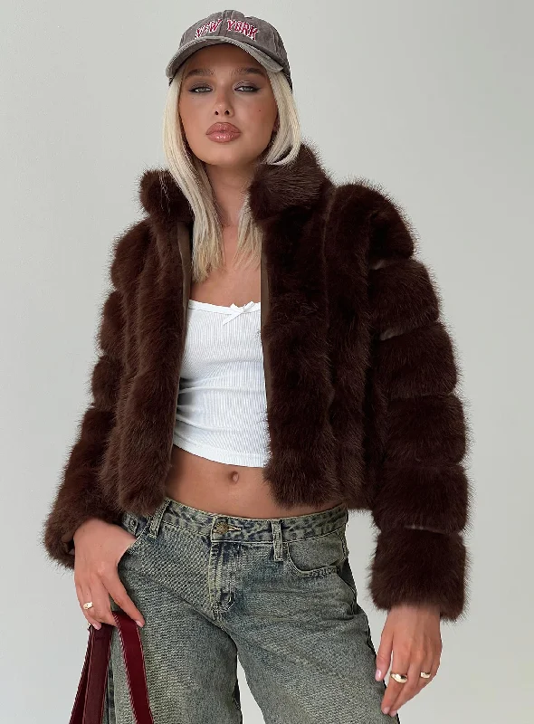 Women's High-Fashion Clothes Pastel Styles Mr Big Faux Fur Jacket Chocolate Brown