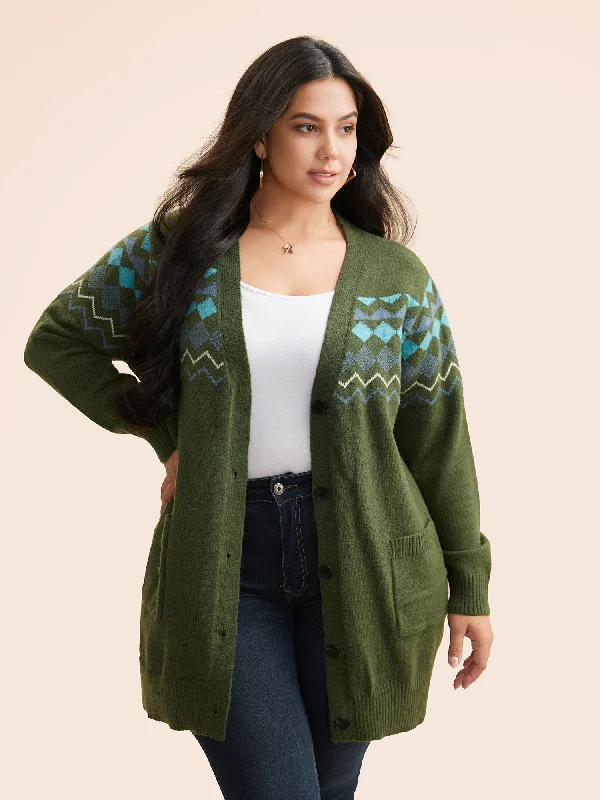 Women's Comfortable Lounge Outfit Casual Chic Bandana Geometric Patch Pocket Cardigan Women's Comfortable Lounge Outfit Casual Chic Bandana Geometric Patch Pocket Cardigan