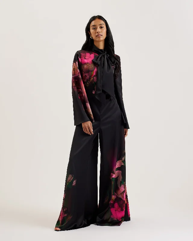 Elegant Clothing For Women Limited Styles Lousios Printed Wide Leg Jumpsuit With Tie Black Elegant Clothing For Women Limited Styles Lousios Printed Wide Leg Jumpsuit With Tie Black