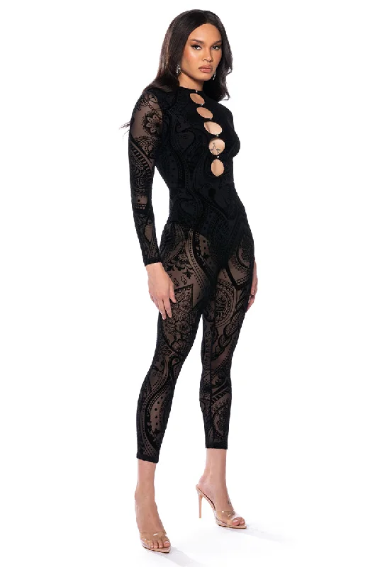 Stylish Women's Apparel Contemporary Chic CALL ME SHEER PAISLEY CUTOUT JUMPSUIT
