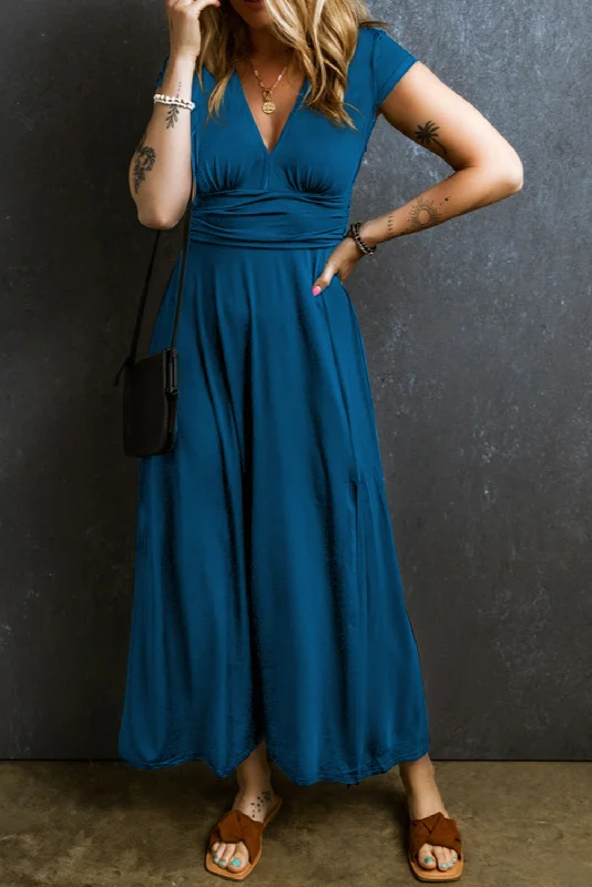 Women's Casual Apparel For Weekends Refined Simplicity Short Sleeve Shirred High Waist V Neck Maxi Dress Women's Casual Apparel For Weekends Refined Simplicity Short Sleeve Shirred High Waist V Neck Maxi Dress
