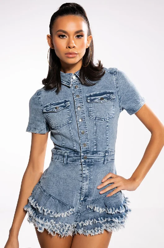 Women's Stylish Professional Garments Snag Fabulous Fashion Bargains WORK IT SHORT SLEEVE DENIM ROMPER Women's Stylish Professional Garments Snag Fabulous Fashion Bargains WORK IT SHORT SLEEVE DENIM ROMPER