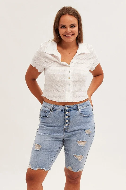 Timeless Women's Apparel Evening Elegance Blue Knee Length Denim Shorts High Rise